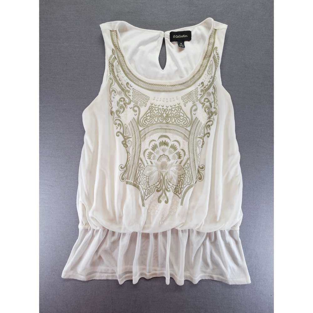 G Collection White Sleeveless Embroidered Blouson Peplum Top Olive Green M